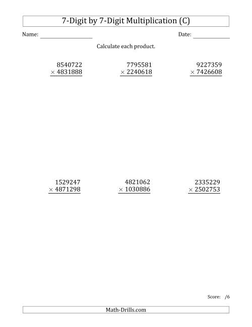 The Multiplying 7-Digit by 7-Digit Numbers (C) Math Worksheet