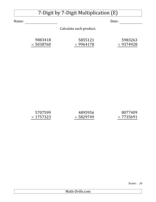 The Multiplying 7-Digit by 7-Digit Numbers (E) Math Worksheet