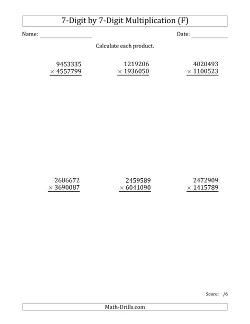 The Multiplying 7-Digit by 7-Digit Numbers (F) Math Worksheet