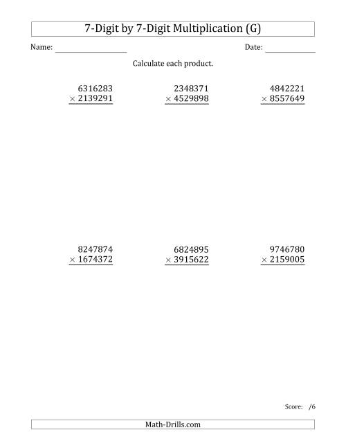 The Multiplying 7-Digit by 7-Digit Numbers (G) Math Worksheet