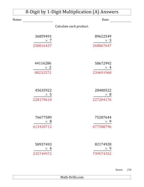 The Multiplying 8-Digit by 1-Digit Numbers (A) Math Worksheet Page 2