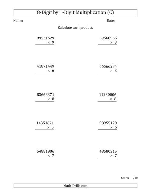 The Multiplying 8-Digit by 1-Digit Numbers (C) Math Worksheet
