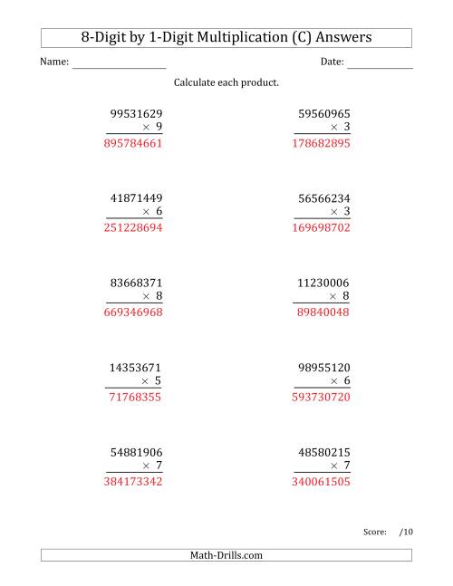 The Multiplying 8-Digit by 1-Digit Numbers (C) Math Worksheet Page 2