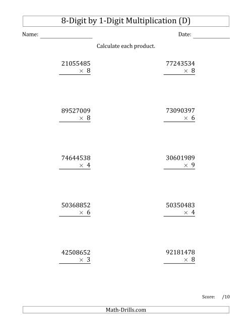 The Multiplying 8-Digit by 1-Digit Numbers (D) Math Worksheet