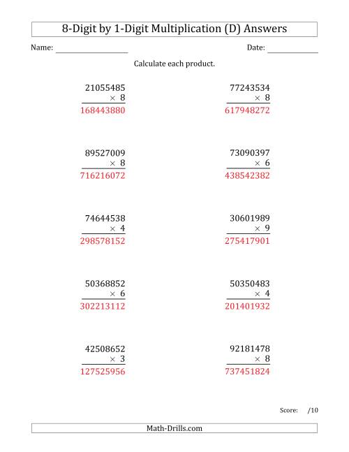 The Multiplying 8-Digit by 1-Digit Numbers (D) Math Worksheet Page 2
