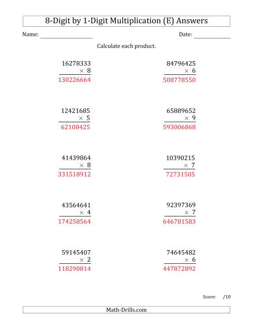 The Multiplying 8-Digit by 1-Digit Numbers (E) Math Worksheet Page 2