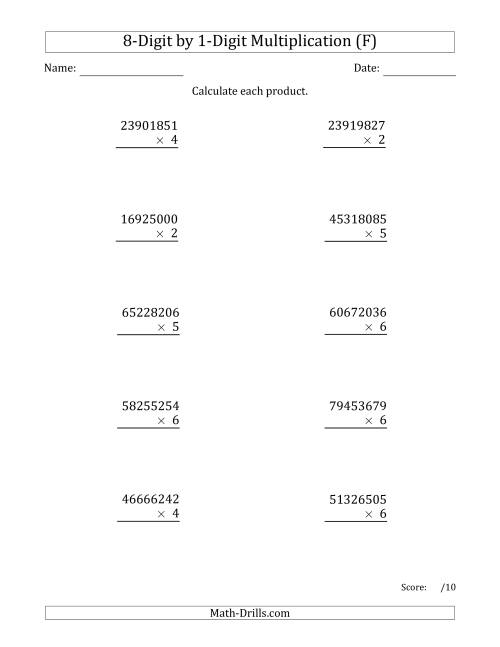 The Multiplying 8-Digit by 1-Digit Numbers (F) Math Worksheet