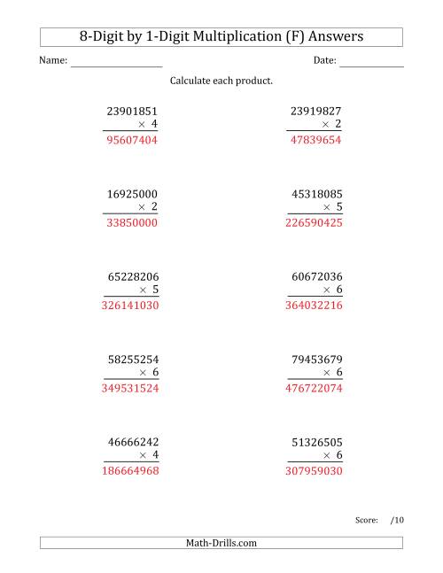 The Multiplying 8-Digit by 1-Digit Numbers (F) Math Worksheet Page 2