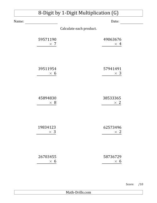 The Multiplying 8-Digit by 1-Digit Numbers (G) Math Worksheet