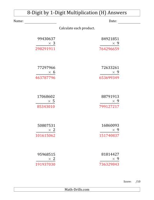 The Multiplying 8-Digit by 1-Digit Numbers (H) Math Worksheet Page 2