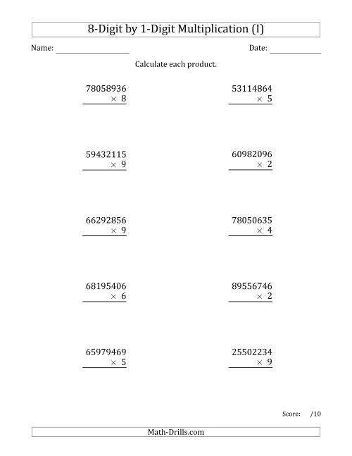 The Multiplying 8-Digit by 1-Digit Numbers (I) Math Worksheet