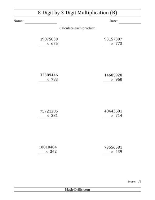 The Multiplying 8-Digit by 3-Digit Numbers (B) Math Worksheet