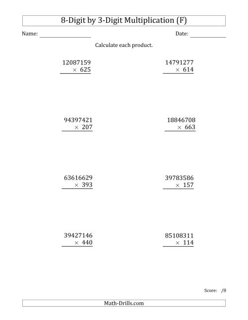 The Multiplying 8-Digit by 3-Digit Numbers (F) Math Worksheet