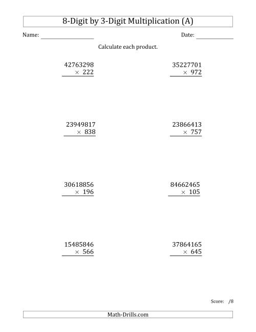 The Multiplying 8-Digit by 3-Digit Numbers (All) Math Worksheet