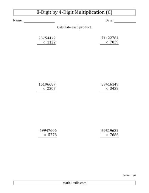 The Multiplying 8-Digit by 4-Digit Numbers (C) Math Worksheet