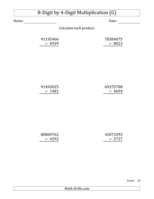 The Multiplying 8-Digit by 4-Digit Numbers (G) Math Worksheet