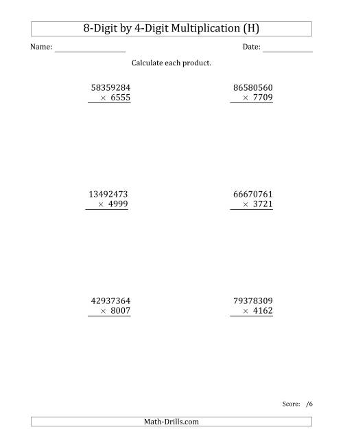 The Multiplying 8-Digit by 4-Digit Numbers (H) Math Worksheet