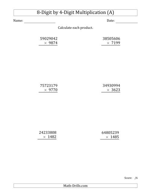 The Multiplying 8-Digit by 4-Digit Numbers (All) Math Worksheet