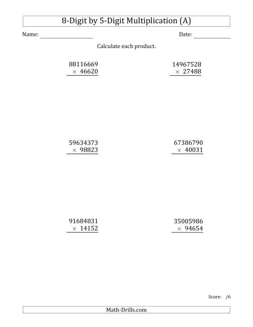 The Multiplying 8-Digit by 5-Digit Numbers (A) Math Worksheet