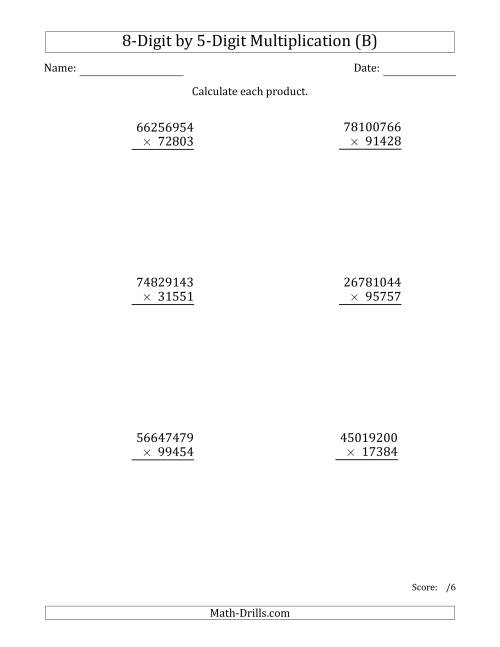 The Multiplying 8-Digit by 5-Digit Numbers (B) Math Worksheet