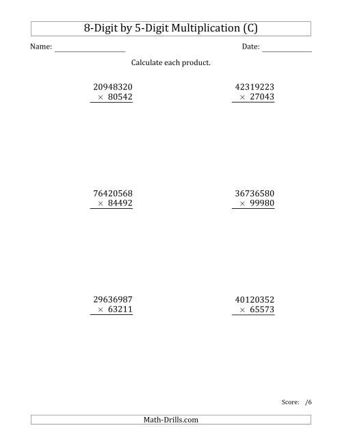The Multiplying 8-Digit by 5-Digit Numbers (C) Math Worksheet