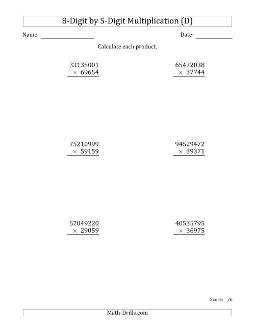 The Multiplying 8-Digit by 5-Digit Numbers (D) Math Worksheet