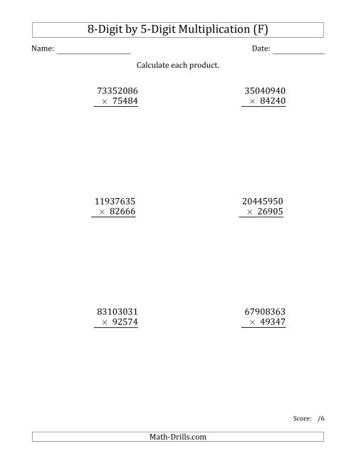 The Multiplying 8-Digit by 5-Digit Numbers (F) Math Worksheet