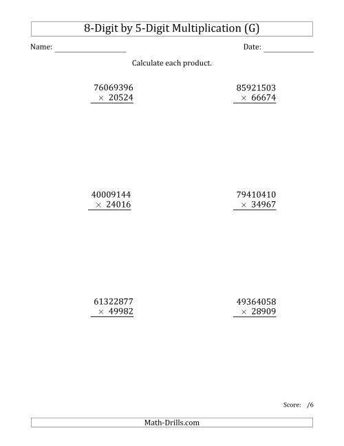 The Multiplying 8-Digit by 5-Digit Numbers (G) Math Worksheet