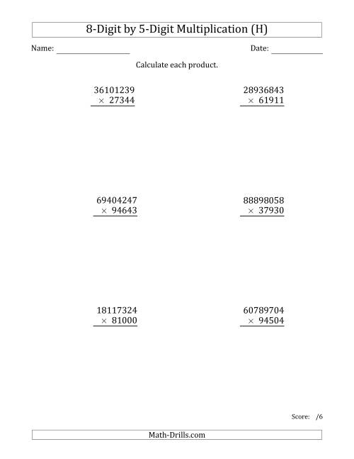 The Multiplying 8-Digit by 5-Digit Numbers (H) Math Worksheet