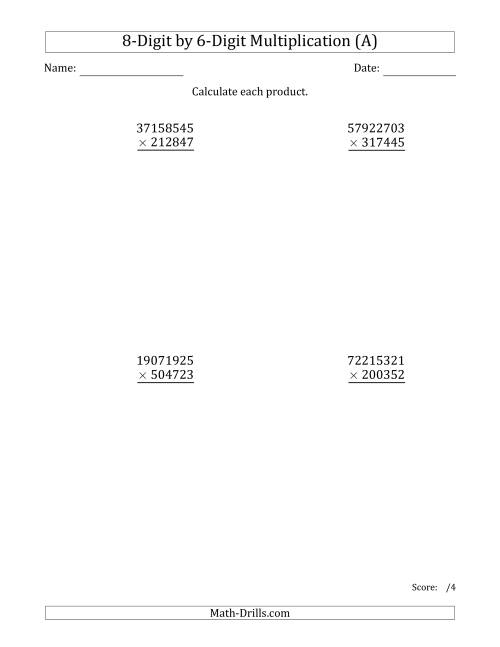 The Multiplying 8-Digit by 6-Digit Numbers (A) Math Worksheet