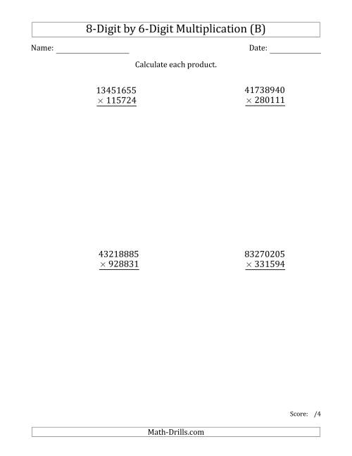 The Multiplying 8-Digit by 6-Digit Numbers (B) Math Worksheet