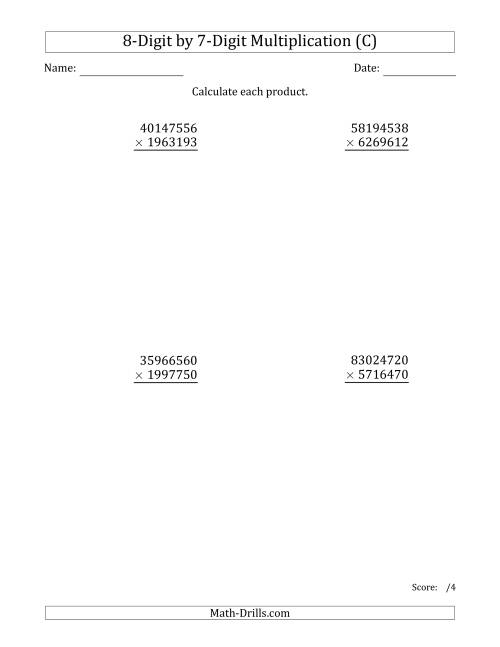 The Multiplying 8-Digit by 7-Digit Numbers (C) Math Worksheet