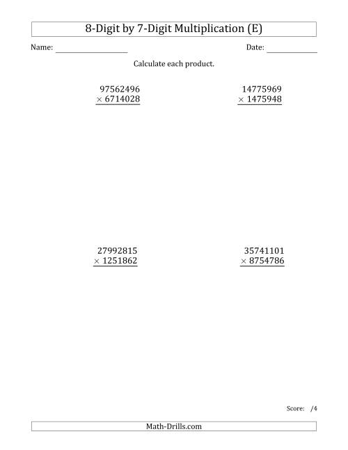 The Multiplying 8-Digit by 7-Digit Numbers (E) Math Worksheet
