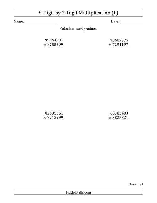 The Multiplying 8-Digit by 7-Digit Numbers (F) Math Worksheet