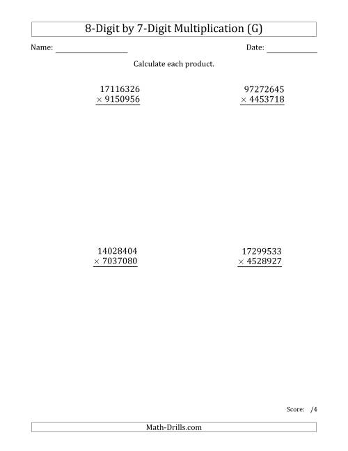 The Multiplying 8-Digit by 7-Digit Numbers (G) Math Worksheet