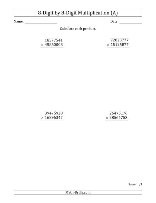 The Multiplying 8-Digit by 8-Digit Numbers (A) Math Worksheet