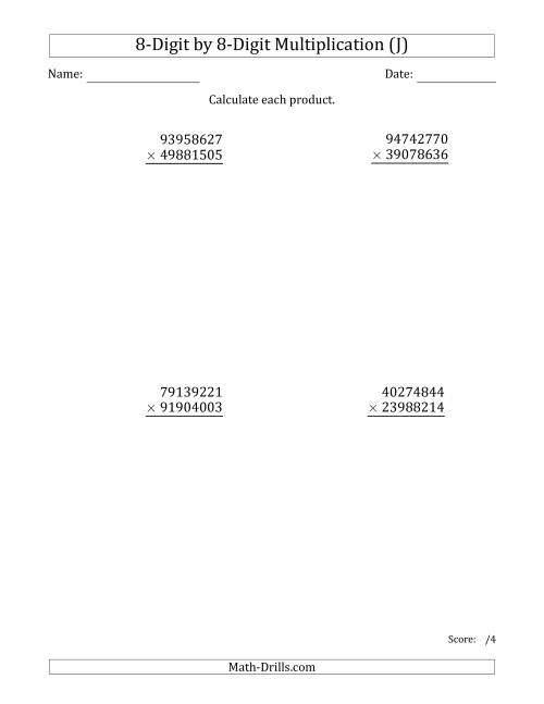 The Multiplying 8-Digit by 8-Digit Numbers (J) Math Worksheet