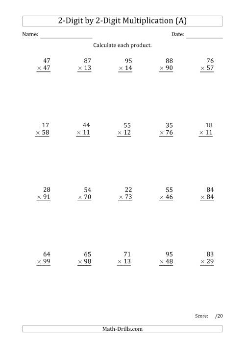 The Multiplying 2-Digit by 2-Digit Numbers with Period-Separated Thousands (A) Math Worksheet