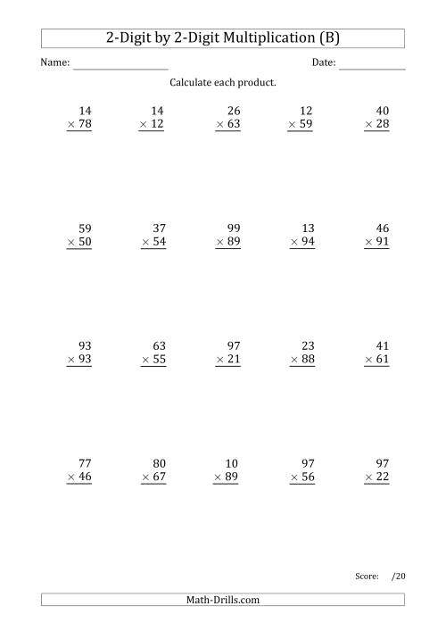 The Multiplying 2-Digit by 2-Digit Numbers with Period-Separated Thousands (B) Math Worksheet