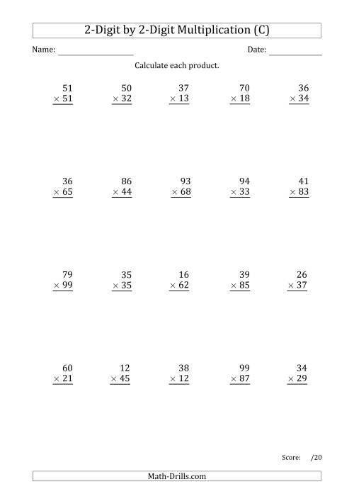 The Multiplying 2-Digit by 2-Digit Numbers with Period-Separated Thousands (C) Math Worksheet