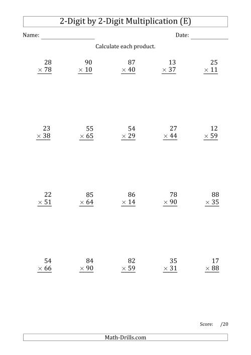 The Multiplying 2-Digit by 2-Digit Numbers with Period-Separated Thousands (E) Math Worksheet