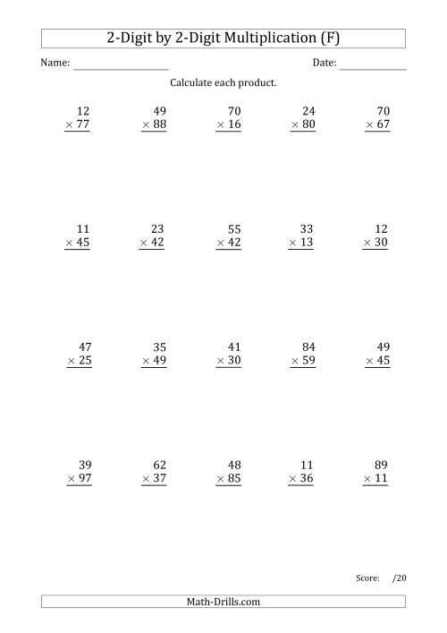 The Multiplying 2-Digit by 2-Digit Numbers with Period-Separated Thousands (F) Math Worksheet