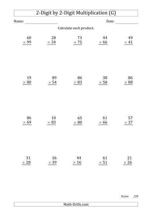 The Multiplying 2-Digit by 2-Digit Numbers with Period-Separated Thousands (G) Math Worksheet
