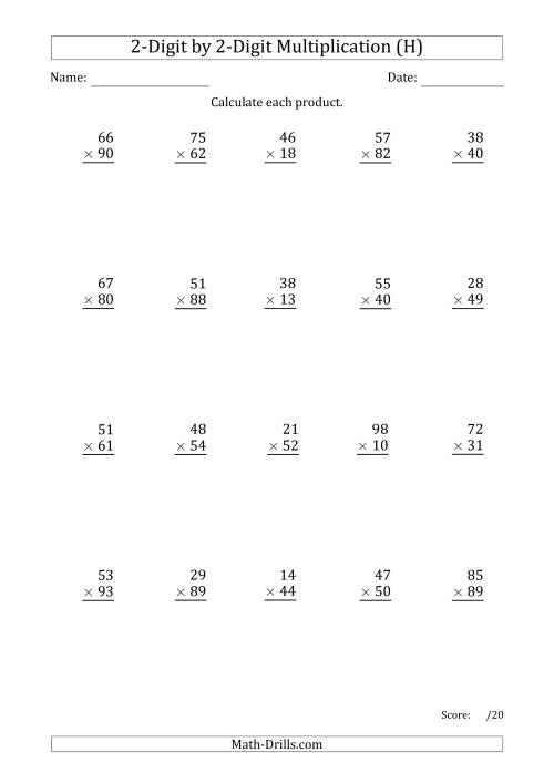 The Multiplying 2-Digit by 2-Digit Numbers with Period-Separated Thousands (H) Math Worksheet