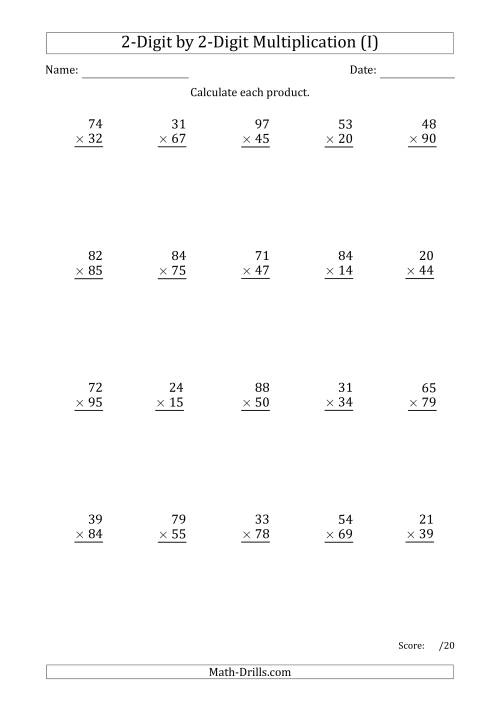 The Multiplying 2-Digit by 2-Digit Numbers with Period-Separated Thousands (I) Math Worksheet