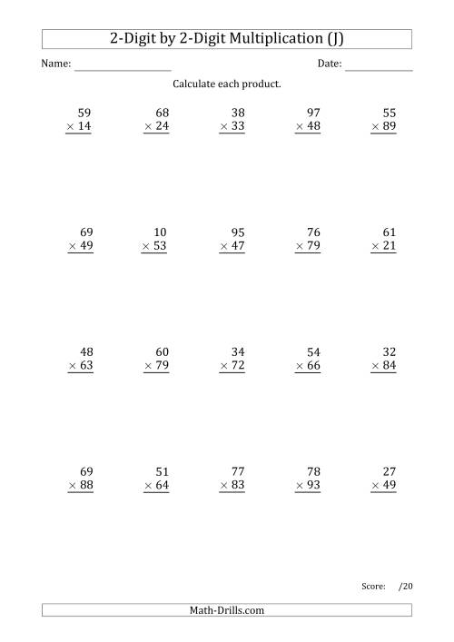 The Multiplying 2-Digit by 2-Digit Numbers with Period-Separated Thousands (J) Math Worksheet