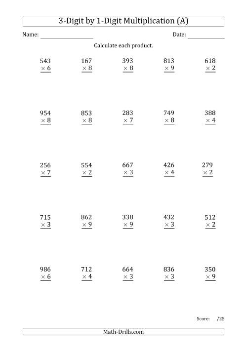 The Multiplying 3-Digit by 1-Digit Numbers with Period-Separated Thousands (A) Math Worksheet