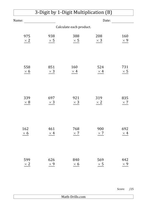 The Multiplying 3-Digit by 1-Digit Numbers with Period-Separated Thousands (B) Math Worksheet