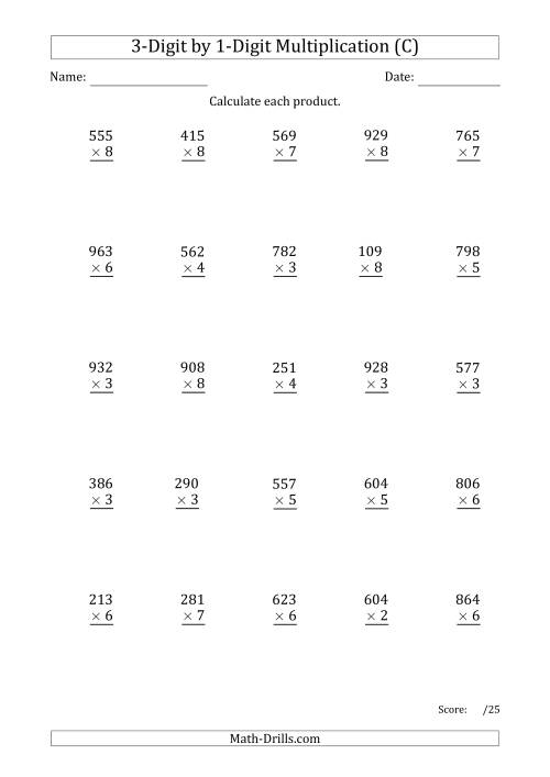 The Multiplying 3-Digit by 1-Digit Numbers with Period-Separated Thousands (C) Math Worksheet