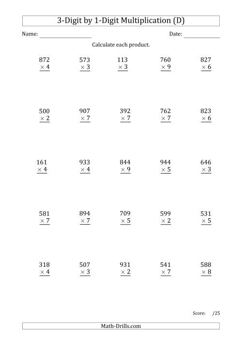 The Multiplying 3-Digit by 1-Digit Numbers with Period-Separated Thousands (D) Math Worksheet